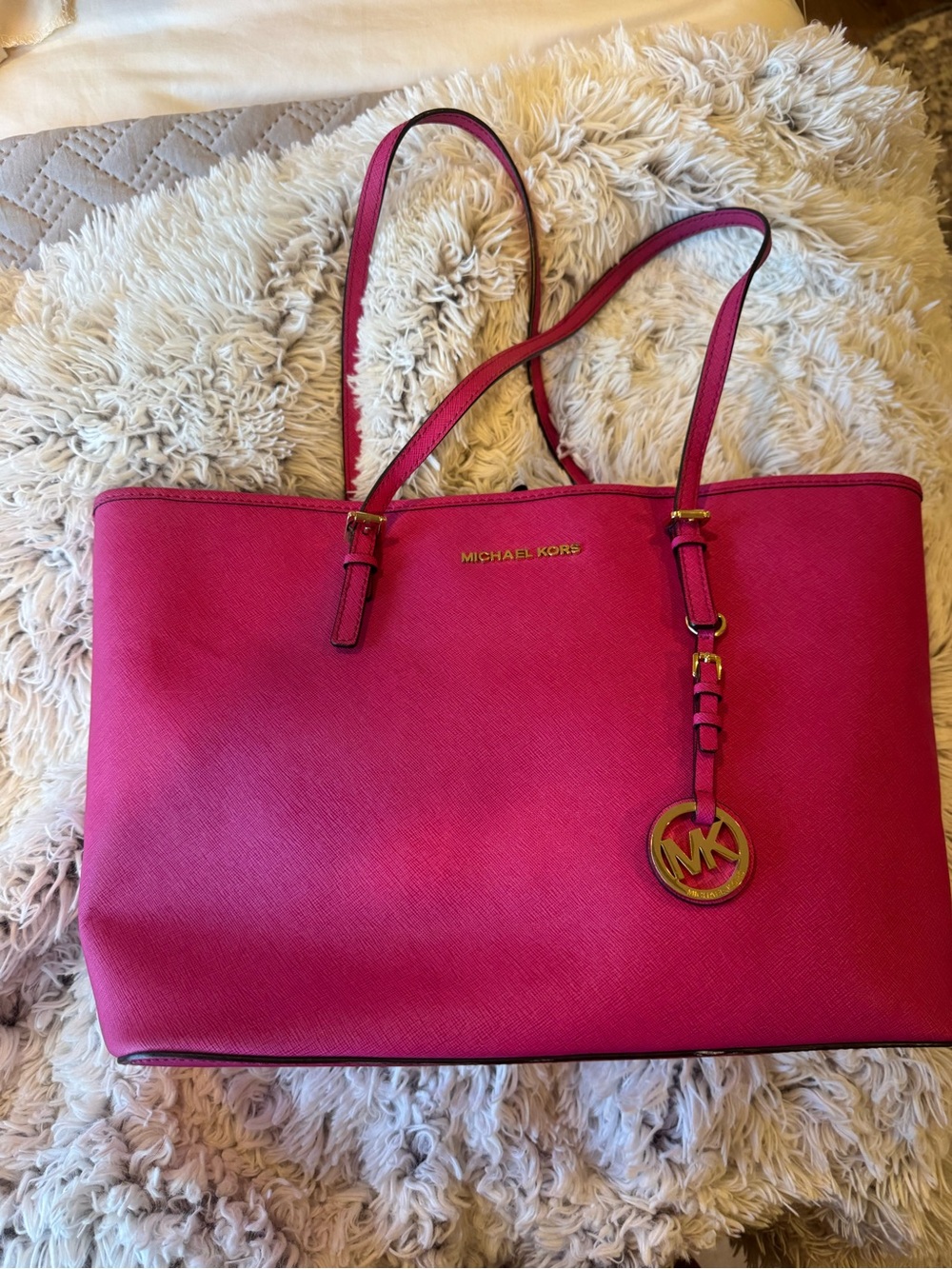 Michael Kors Bright Pink Saffiano Tote with Gold Accent
